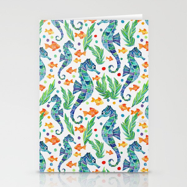 Seahorse Watercolor Pattern - Blue Green & Orange Stationery Cards