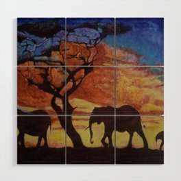 sunset on elephant family moving Wood Wall Art