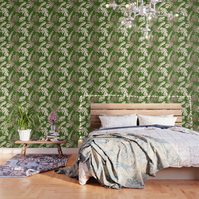 Palm Leaves White Gold Sands On Jungle Green Wallpaper