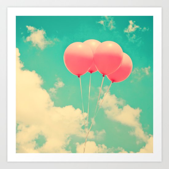 Balloons in the sky (pink ballons in retro blue sky) Art Print