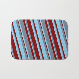 [ Thumbnail: Slate Gray, Sky Blue & Maroon Colored Lined/Striped Pattern Bath Mat ]