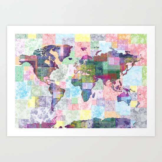 world map floral collage Art Print