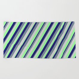 [ Thumbnail: Light Grey, Green, Midnight Blue, and Light Slate Gray Colored Stripes/Lines Pattern Beach Towel ]