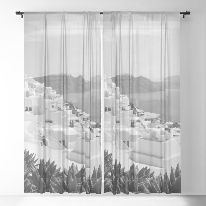 Santorini Oia Bliss Black & White #1 #wall #decor #art #society6 Sheer Curtain