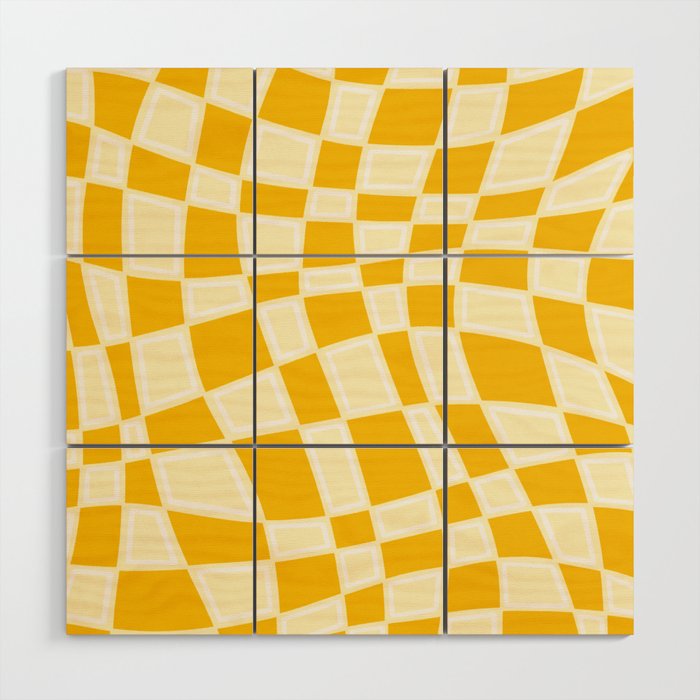 Abstract Retro Swirl Curvy Checkerboard Square Pattern Design // Yellow Mustard Colors Wood Wall Art