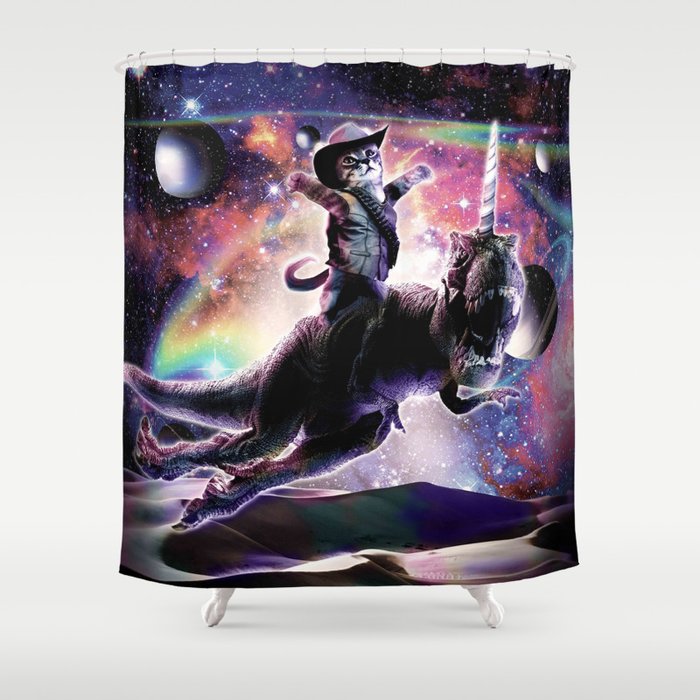 Galaxy Cat On Dinosaur Unicorn In Space Shower Curtain