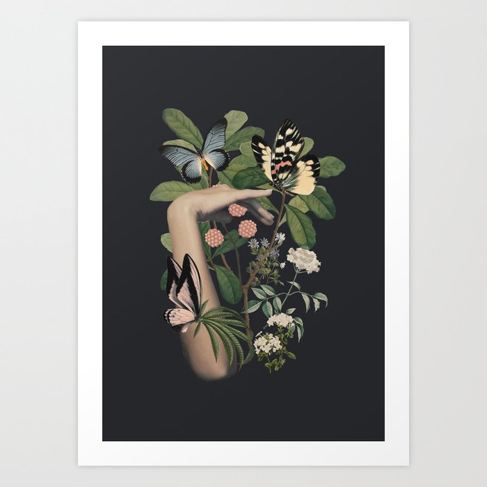 Minimal Collage/ Hand, Plants and Butterflies 5 Art Print
