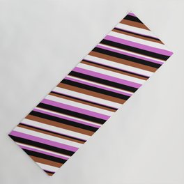 [ Thumbnail: Sienna, White, Orchid & Black Colored Striped Pattern Yoga Mat ]