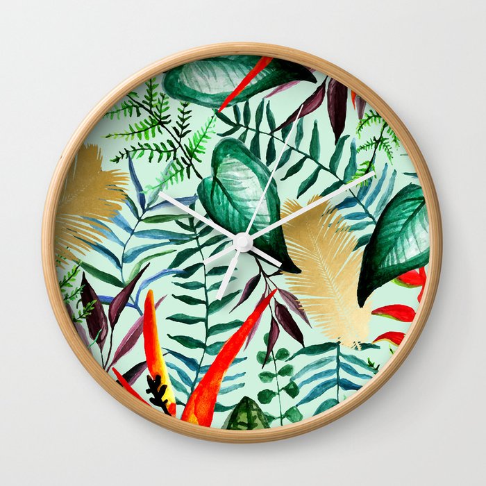 Paradise, Tropical Jungle Botanical Bohemian Illustration, Palm Bird of Paradise Gold Painting Wall Clock