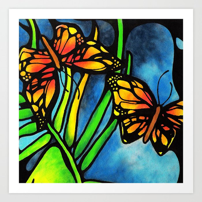 Beautiful Monarch Butterflies Fluttering Over Palm Fronds by annmariescreations Art Print