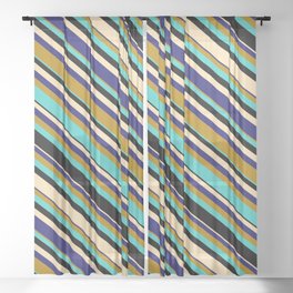 [ Thumbnail: Vibrant Dark Goldenrod, Turquoise, Black, Beige & Midnight Blue Colored Lines Pattern Sheer Curtain ]