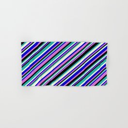 [ Thumbnail: Blue, Orchid, Black, Light Sea Green & Beige Colored Pattern of Stripes Hand & Bath Towel ]