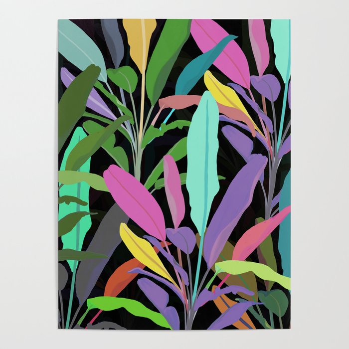 Tropical Colorful Banana Leaves Black Pattern Poster