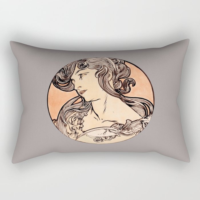 Art Nouveau Portrait of Woman II by Alphonse Mucha (Dark Greige Background) Rectangular Pillow