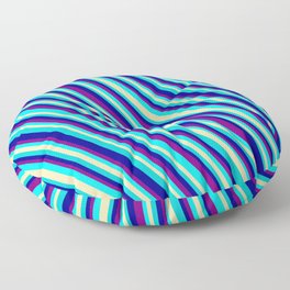 [ Thumbnail: Eye-catching Purple, Aqua, Tan, Dark Turquoise, and Dark Blue Colored Stripes/Lines Pattern Floor Pillow ]