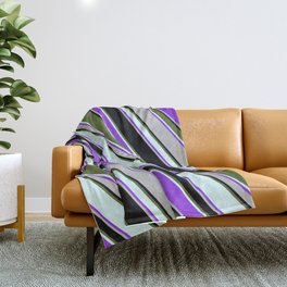 [ Thumbnail: Colorful Dark Olive Green, Light Cyan, Purple, Grey, and Black Colored Lined/Striped Pattern Throw Blanket ]