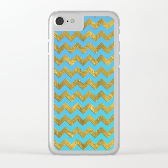 Gold glitter chevron on turquoise backround- pattern Clear iPhone Case