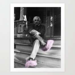 Satirical Einstein in Fuzzy Pink Slippers Classic E = mc² Black and White Satirical Photography  Art Print