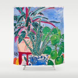 Houseplant collection Still Life on Blue Painting with Stromanthe Triostar, Pilea, and Snake Plant and Lion Vase Shower Curtain