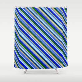 [ Thumbnail: Eye-catching Tan, Royal Blue, Turquoise, Blue & Dark Green Colored Pattern of Stripes Shower Curtain ]