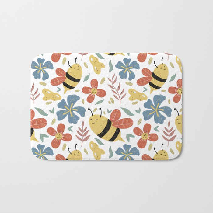Cute Honey Bees and Flowers Bath Mat
