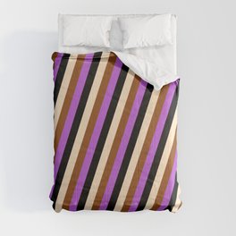 [ Thumbnail: Bisque, Brown, Orchid & Black Colored Striped Pattern Comforter ]