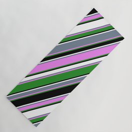 [ Thumbnail: Vibrant Slate Gray, Violet, Forest Green, Black, and White Colored Stripes Pattern Yoga Mat ]