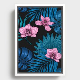 Orchids and palm leaves, pink and blue Framed Canvas