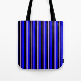 [ Thumbnail: Plum, Black, and Blue Colored Lines Pattern Tote Bag ]