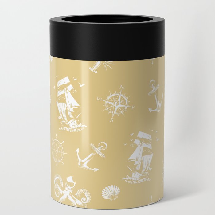 Beige And White Silhouettes Of Vintage Nautical Pattern Can Cooler
