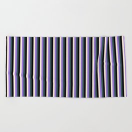[ Thumbnail: Purple, Dark Slate Gray, Black & Beige Colored Lined/Striped Pattern Beach Towel ]