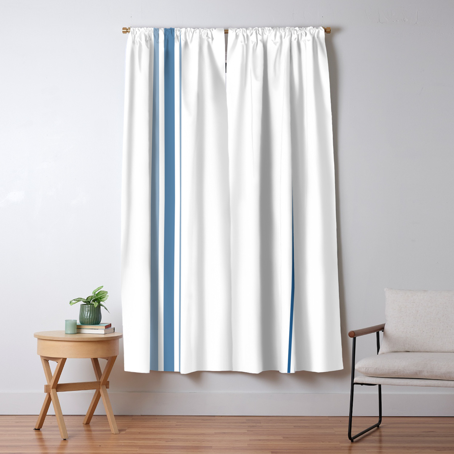 Farmhouse Blue Ticking Stripes On White Blackout Curtain By