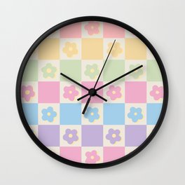 Checkered Flower Power Danish Pastel Rainbow Tones Wall Clock