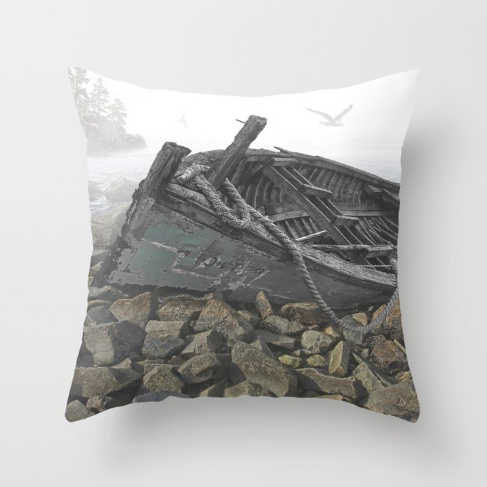 Boat Beached on a Rocky Shore in the Mist Throw Pillow