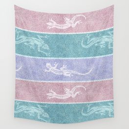 Pastel Geckos on Blue and Mint Stripes Wall Tapestry