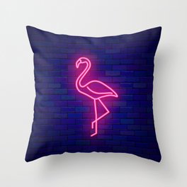 Neon flamingo drawing on brick wall. Africa wildlife. Pink bird Throw Pillow