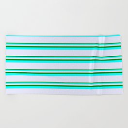 [ Thumbnail: Green, Aqua & Lavender Colored Pattern of Stripes Beach Towel ]