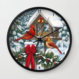 Red Cardinals and Christmas Bird Feeder Wall Clock