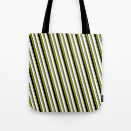 [ Thumbnail: Dark Gray, Mint Cream, Green & Black Colored Stripes/Lines Pattern Tote Bag ]