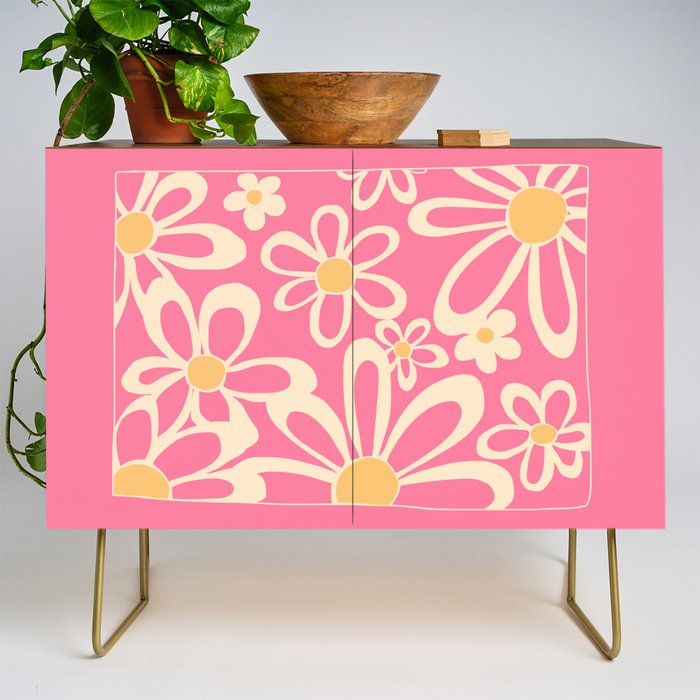 FlowerPower - Pink Daisy Colourful Retro Minimalistic Art Design Pattern Credenza