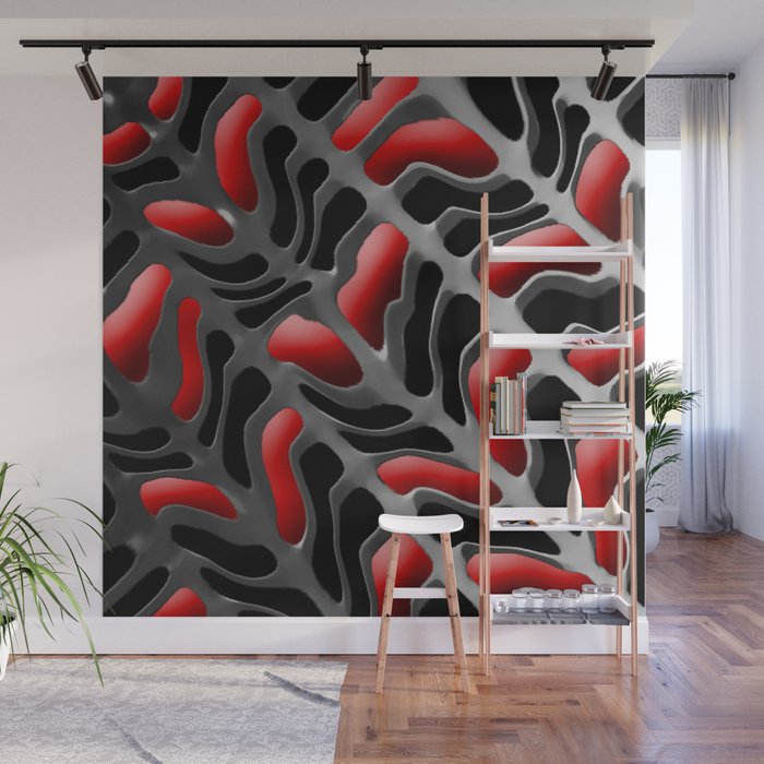 Red Liquid Droplets on Black and Silver Abstract Wall Mural
