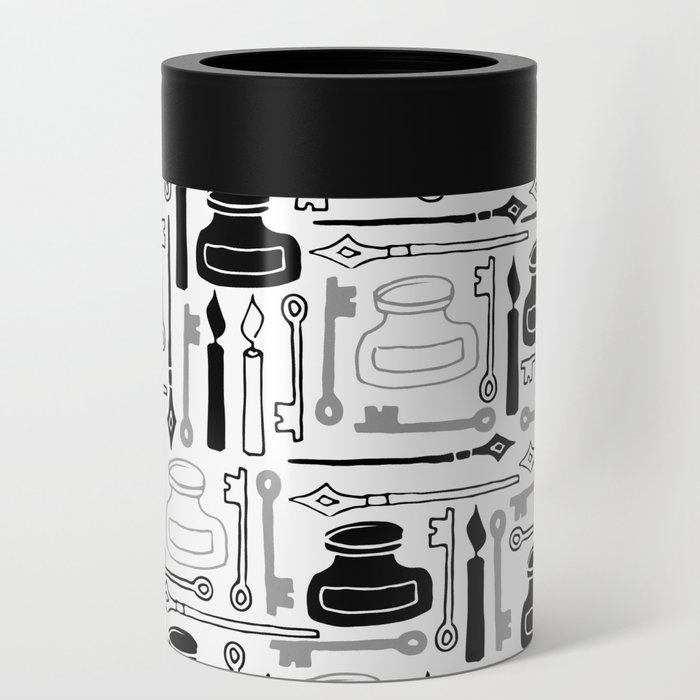 Writer pattern - pens and ink - black on white Can Cooler