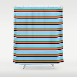 [ Thumbnail: Light Sky Blue, Forest Green, Red, Black, and White Colored Striped/Lined Pattern Shower Curtain ]