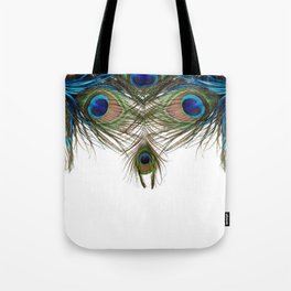 BLUE-GREEN PEACOCK FEATHERS WHITE ART Tote Bag