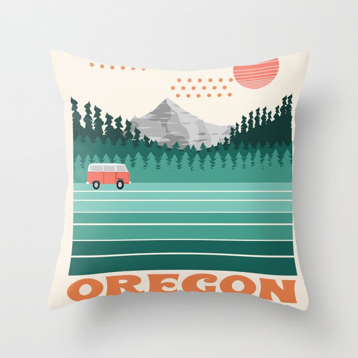 Oregon - retro throwback 70s vibes travel poster van life vacation mountains to sea Throw Pillow
