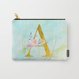 Gold Foil Alphabet Letter A Initials Monogram Frame with a Gold Geometric Wreath Carry-All Pouch