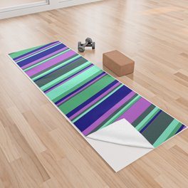 [ Thumbnail: Eyecatching Sea Green, Aquamarine, Dark Slate Gray, Orchid, and Blue Colored Lines Pattern Yoga Towel ]