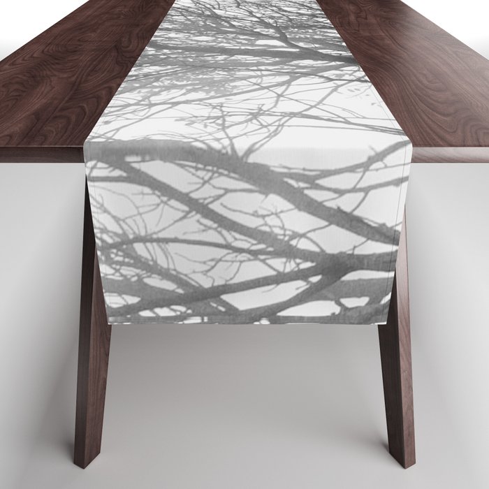 foggy branches in black and white Table Runner