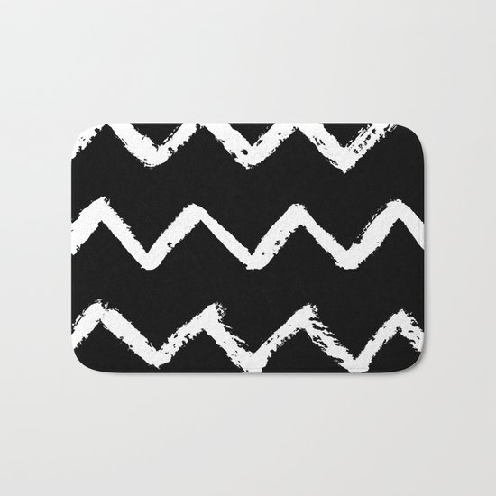 Chevron Stripes White on Black Bath Mat