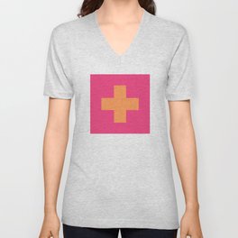 Swiss Cross Symbol in Pink and Orange V Neck T Shirt